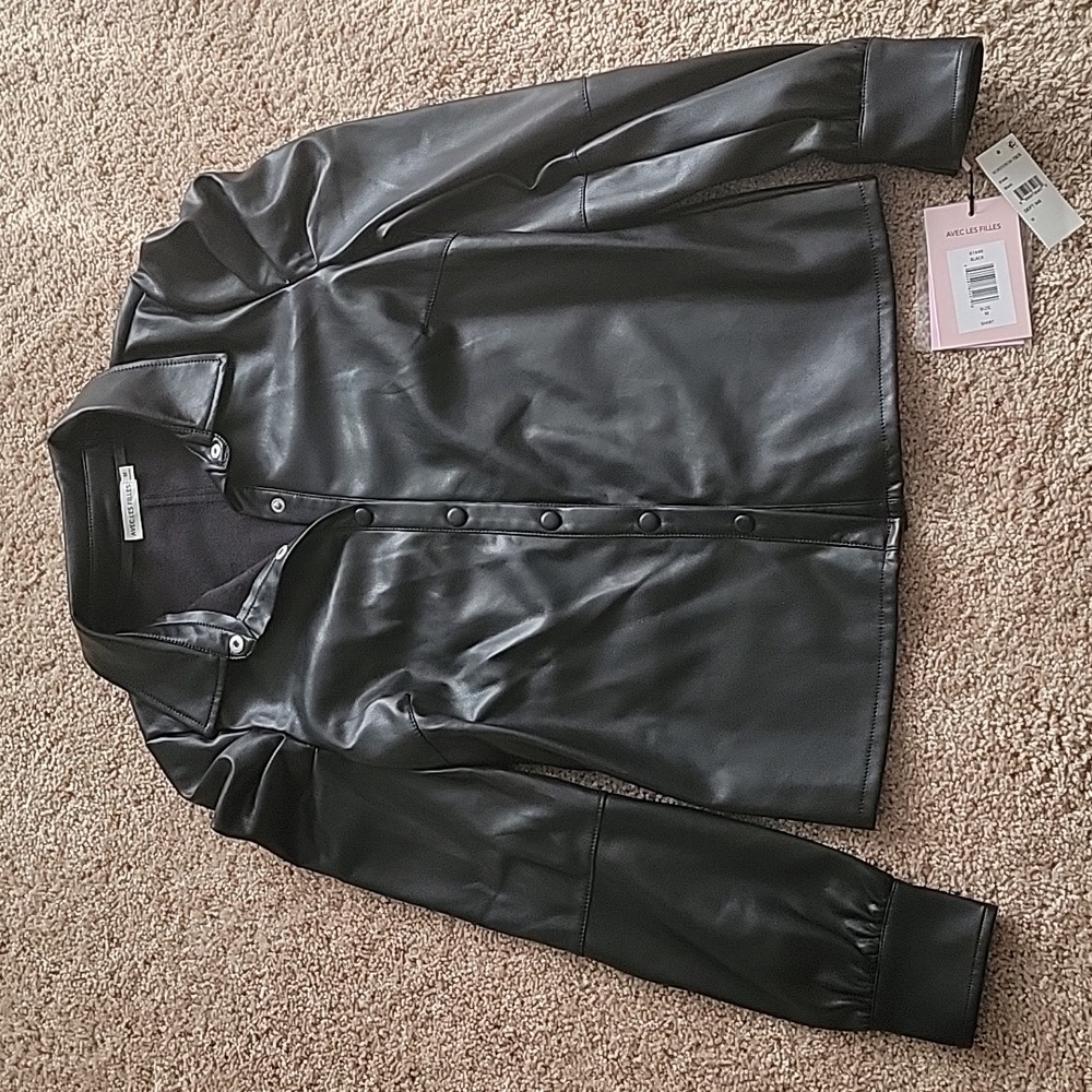 Avery Les Filles Faux Leather Puff Sleeve Shirt Size M Black